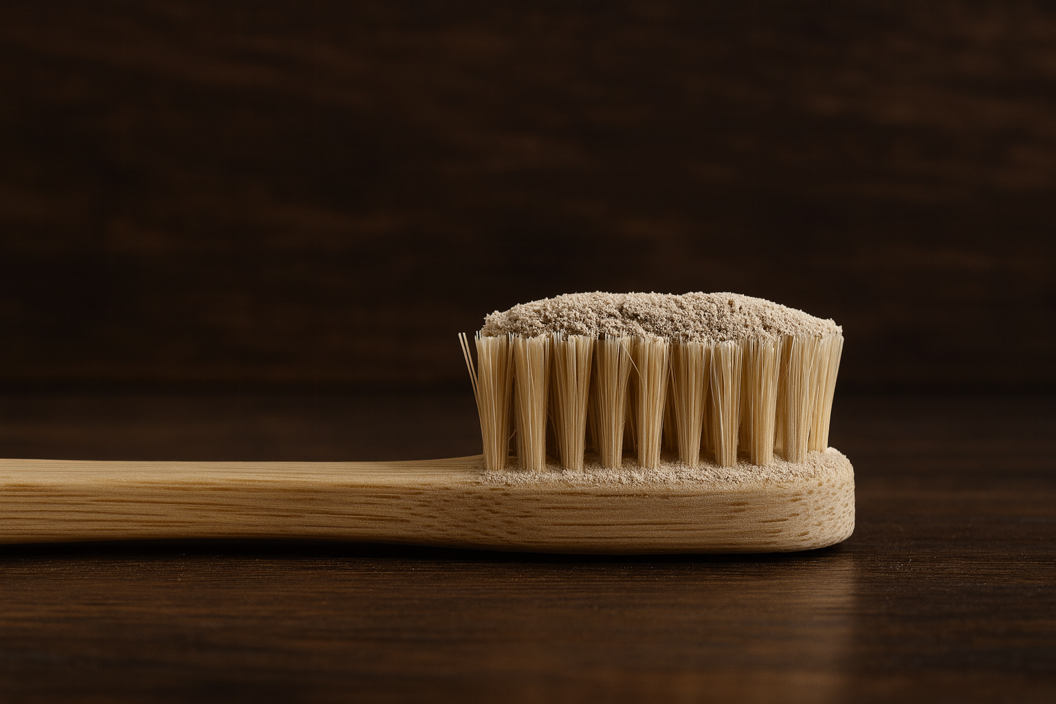 Bamboo toothbrush with natural bristles on a dark wooden background