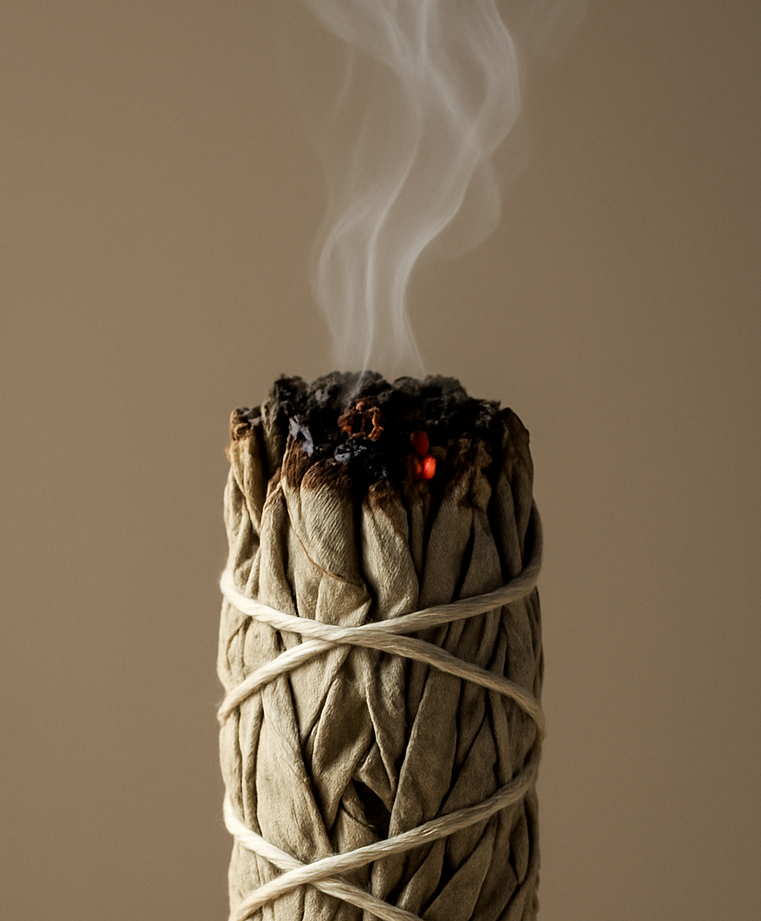 Bundled sage with smoke on a beige background