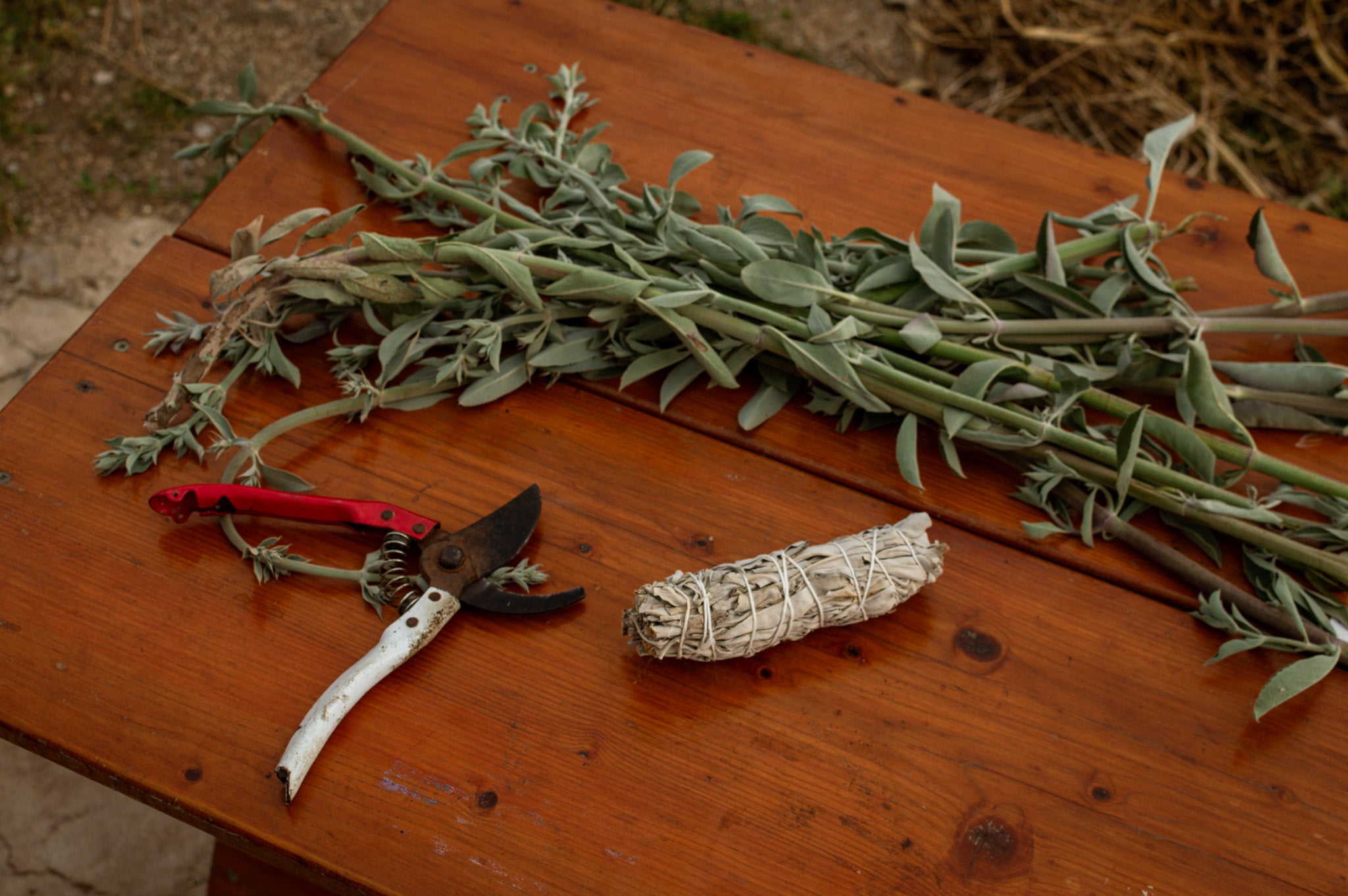 sage , a cuttingtool, and a white sage bundle on a wooden surface.