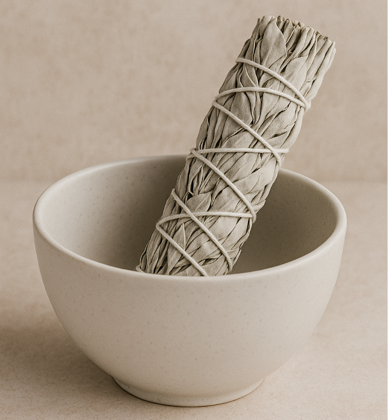 White ceramic bowl with a bundle of sage wrapped in twine on a beige background