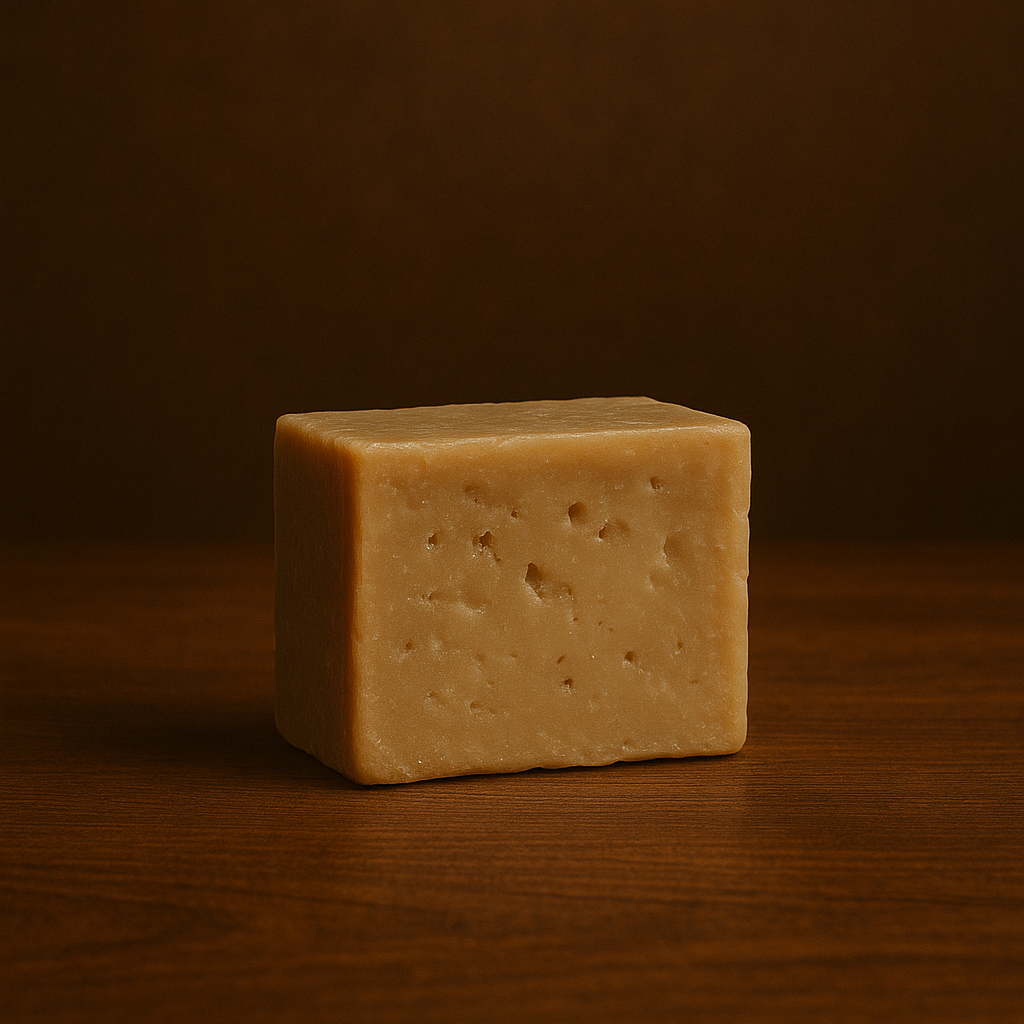 bar of aleppo soap on a wooden surface with brown background