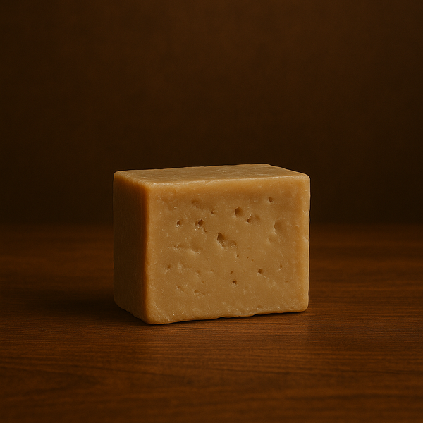 bar of aleppo soap on a wooden surface with brown background