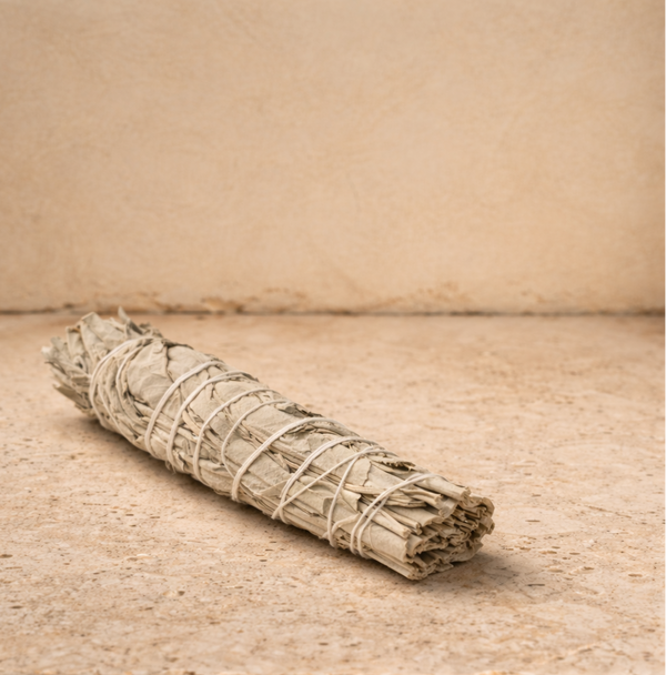white sage smudge stick on hone cross cut travertine surface